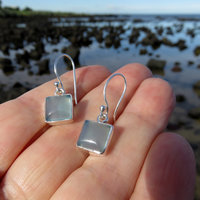 Chalcedony Earrings, Aqua Square Cabochon, 925 Sterling Silver