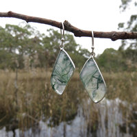 Moss Agate Earrings, Green Crystal Gemstone, 925 Sterling Silver