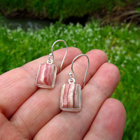 Rhodochrosite Earrings, Small Rectangle Cabochon, 925 Sterling Silver 