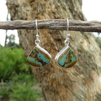 Turquoise Earrings, Tibetan Triangle Cabochon, 925 Sterling Silver