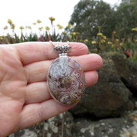 Crazy Lace Agate Pendant, Large Oval Cabochon, 925 Sterling Silver