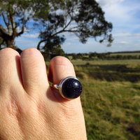 Sunstone Ring Size 7, Black Round Cabochon, 925 Sterling Silver