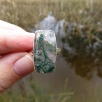 Moss Agate Ring Size 8.5, Rectangle Gemstone, 925 Sterling Silver