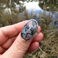 Moss Agate Ring Size 8, Oval Gemstone Cabochon, 925 Sterling Silver