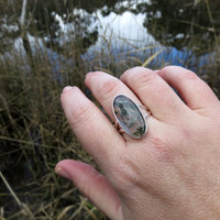 Moss Agate Ring Size 9, Oval Cabochon, 925 Sterling Silver 