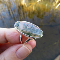 Moss Agate Ring Size 9, Oval Cabochon, 925 Sterling Silver 