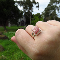 Rhodochrosite Ring Size 9, Rectangle Cabochon, 925 Sterling Silver 