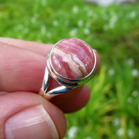 Rhodochrosite Ring Size 8, Round Cabochon, 925 Sterling Silver 