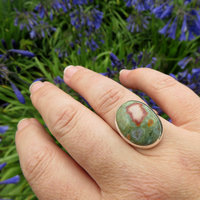 Rhyolite Ring Size 8, Green Oval Jasper Cabochon, 925 Sterling Silver