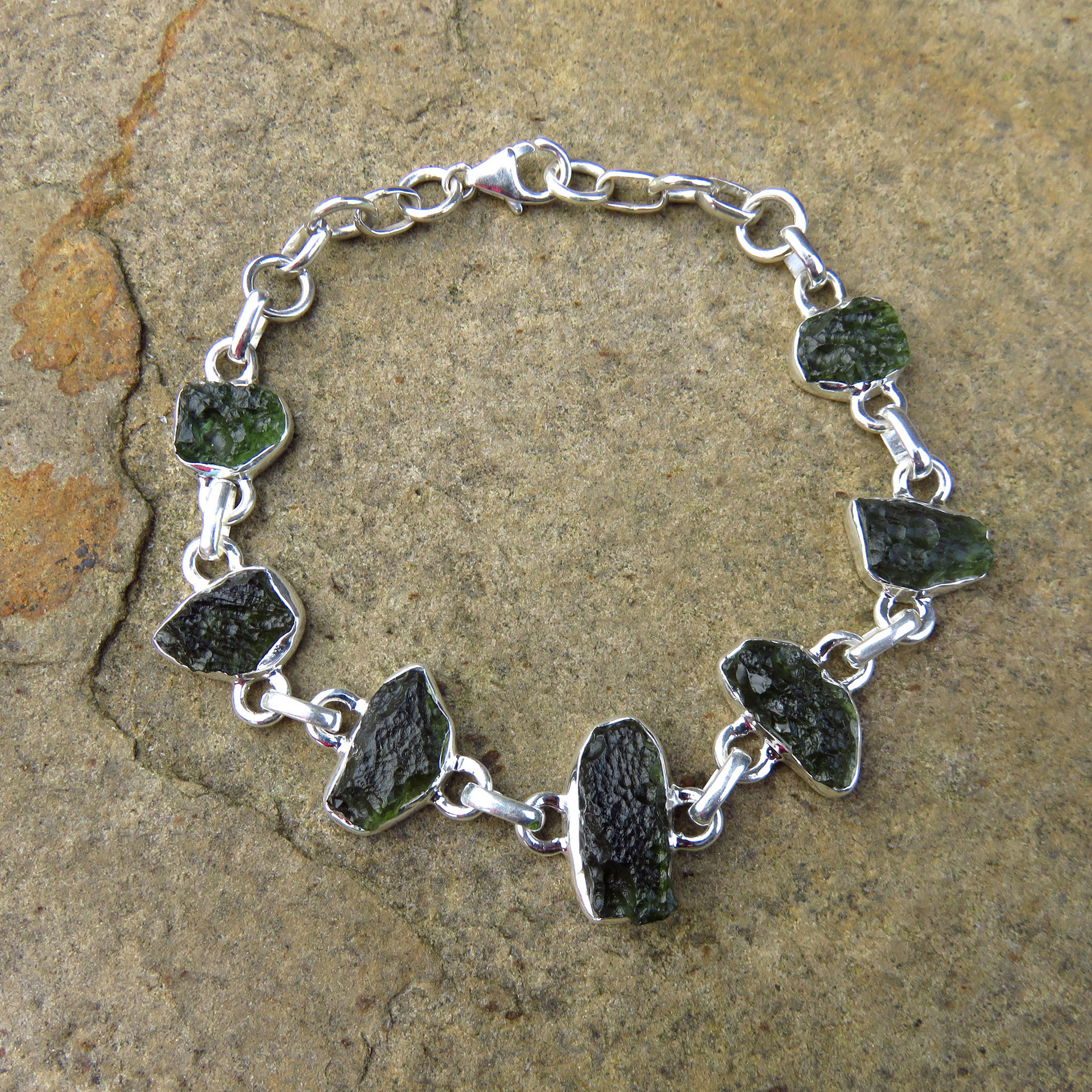 Moldavite Gemstone Bracelet, Green, Adjustable, 925 Sterling Silver 