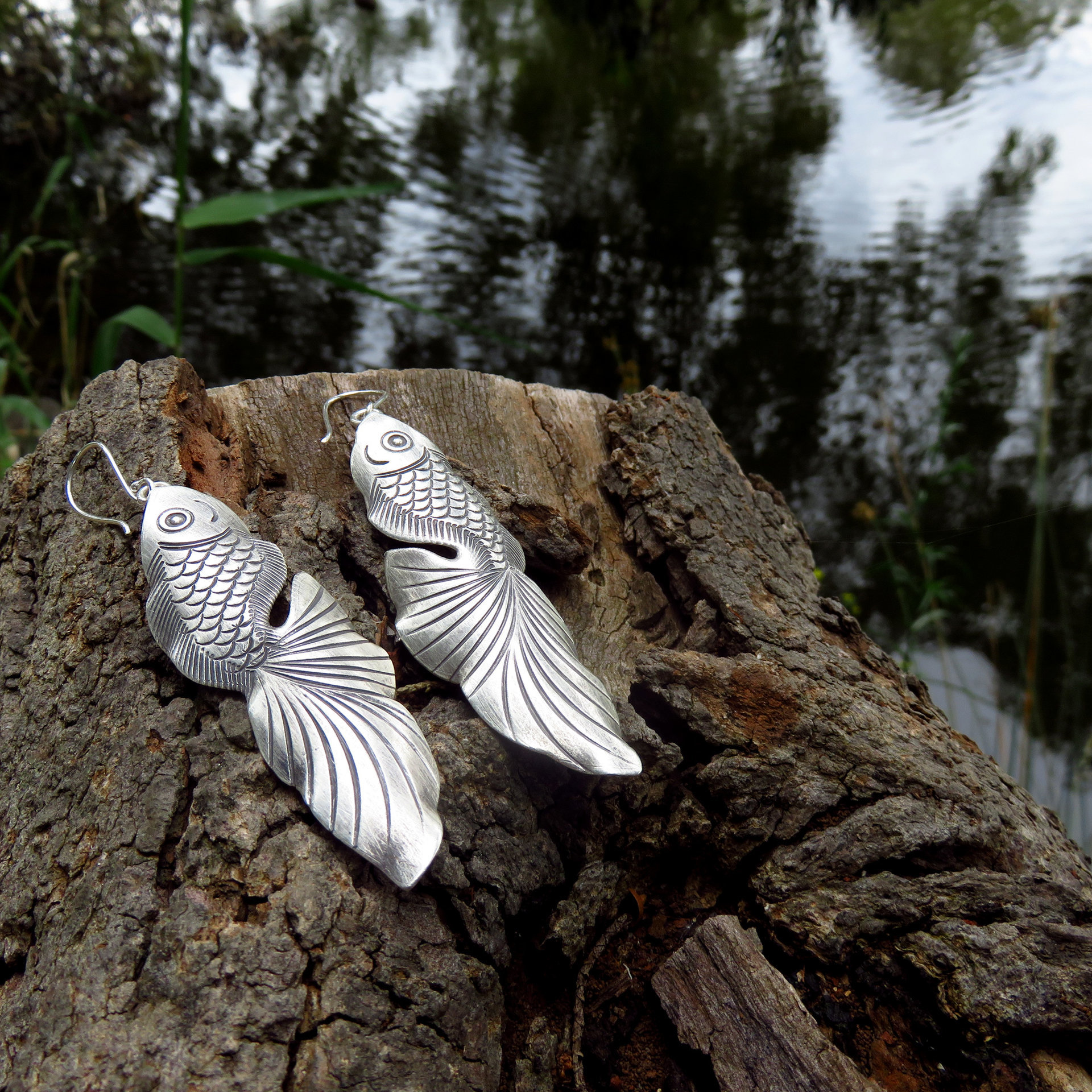 Koi Fish Earrings, Large Brushed Dangles, 925 Sterling Silver