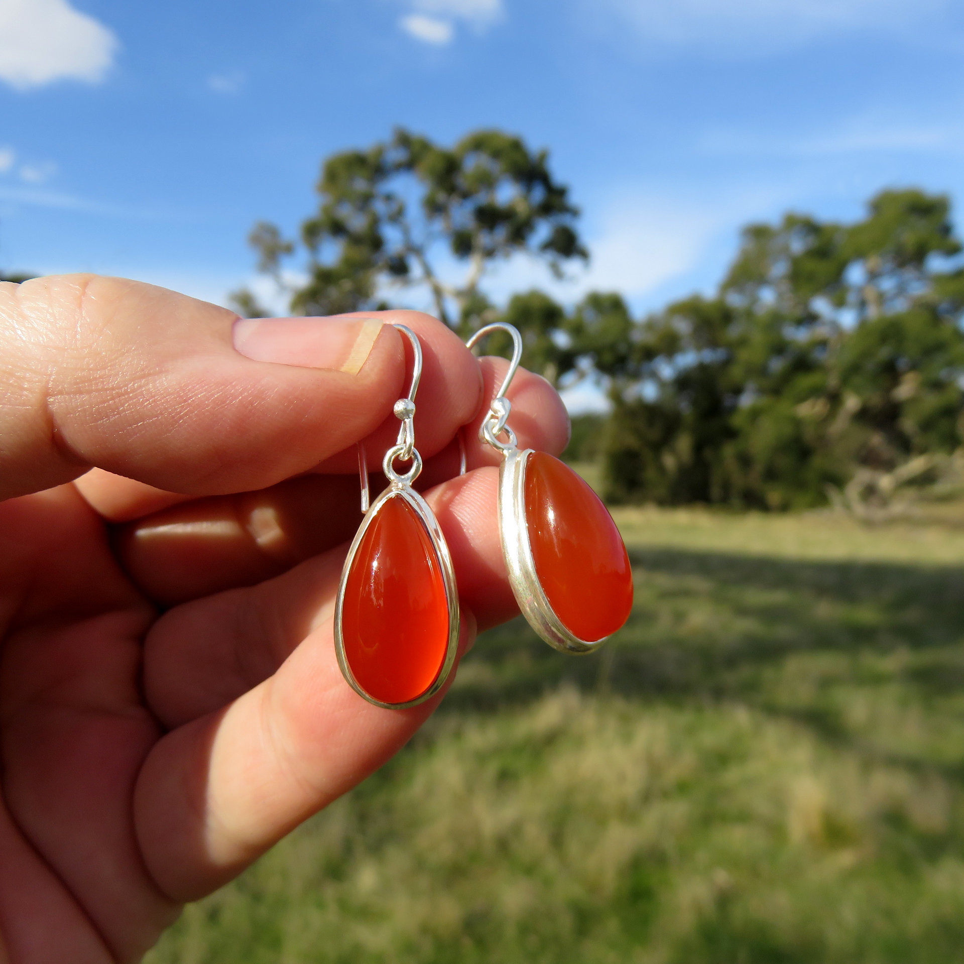 Carnelian Earrings, Orange Teardrop Gemstone, 925 Sterling Silver