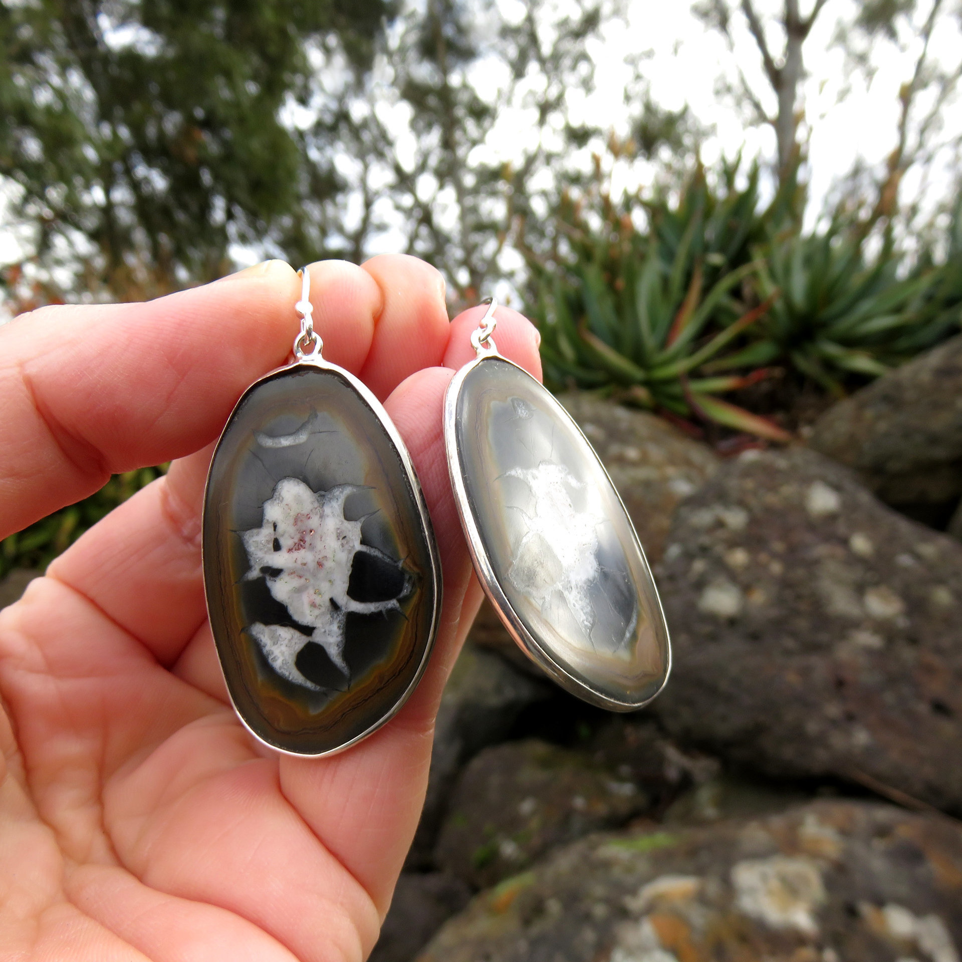 Septarian Earrings, Dragonstone Fossil Gemstone, 925 Sterling Silver 