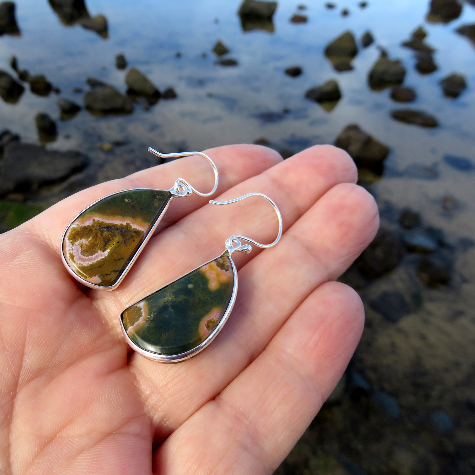 Ocean Jasper Earrings, Half Round Cabochon, 925 Sterling Silver