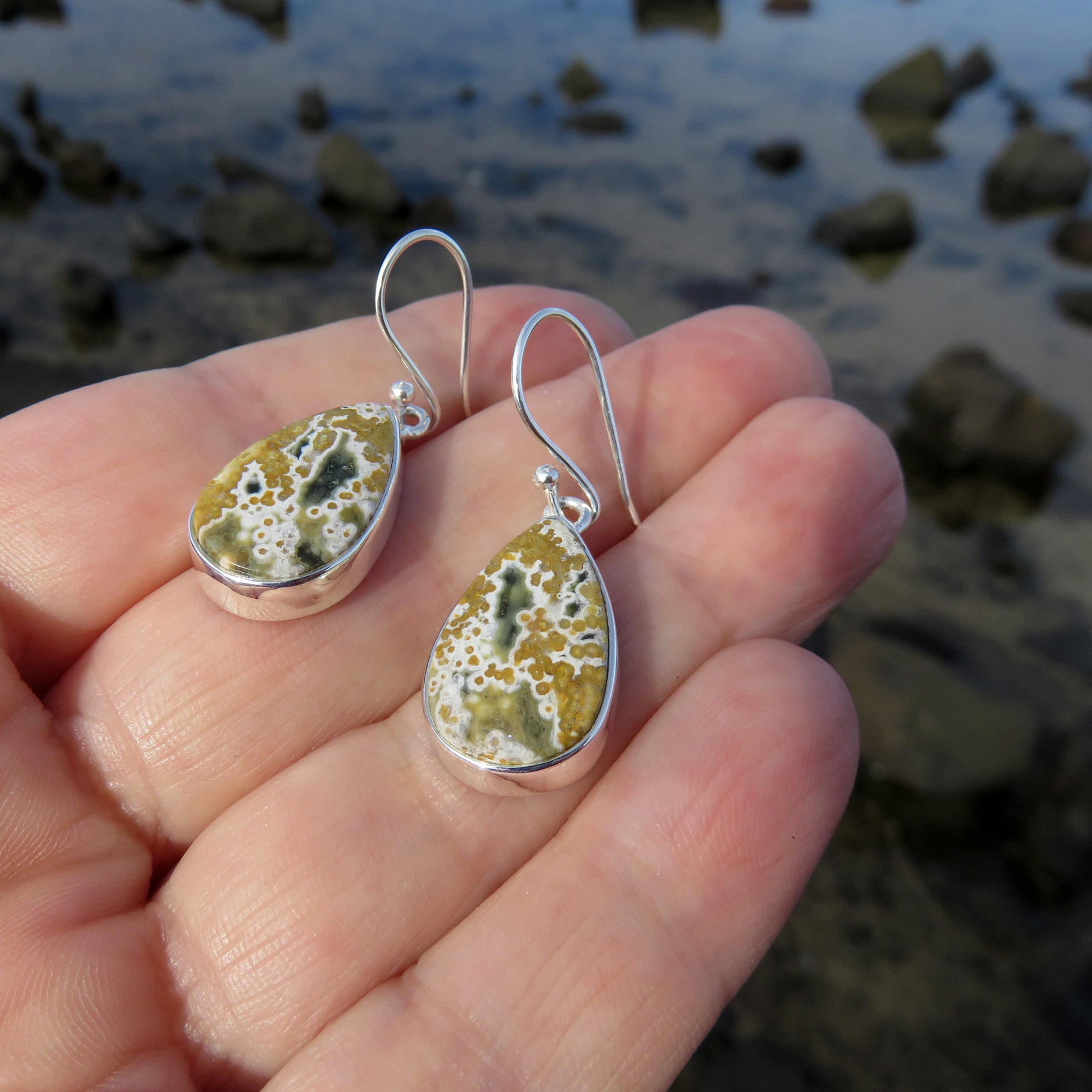 Ocean Jasper Earrings, Orbicular Teardrop Cabochon, 925 Sterling Silver