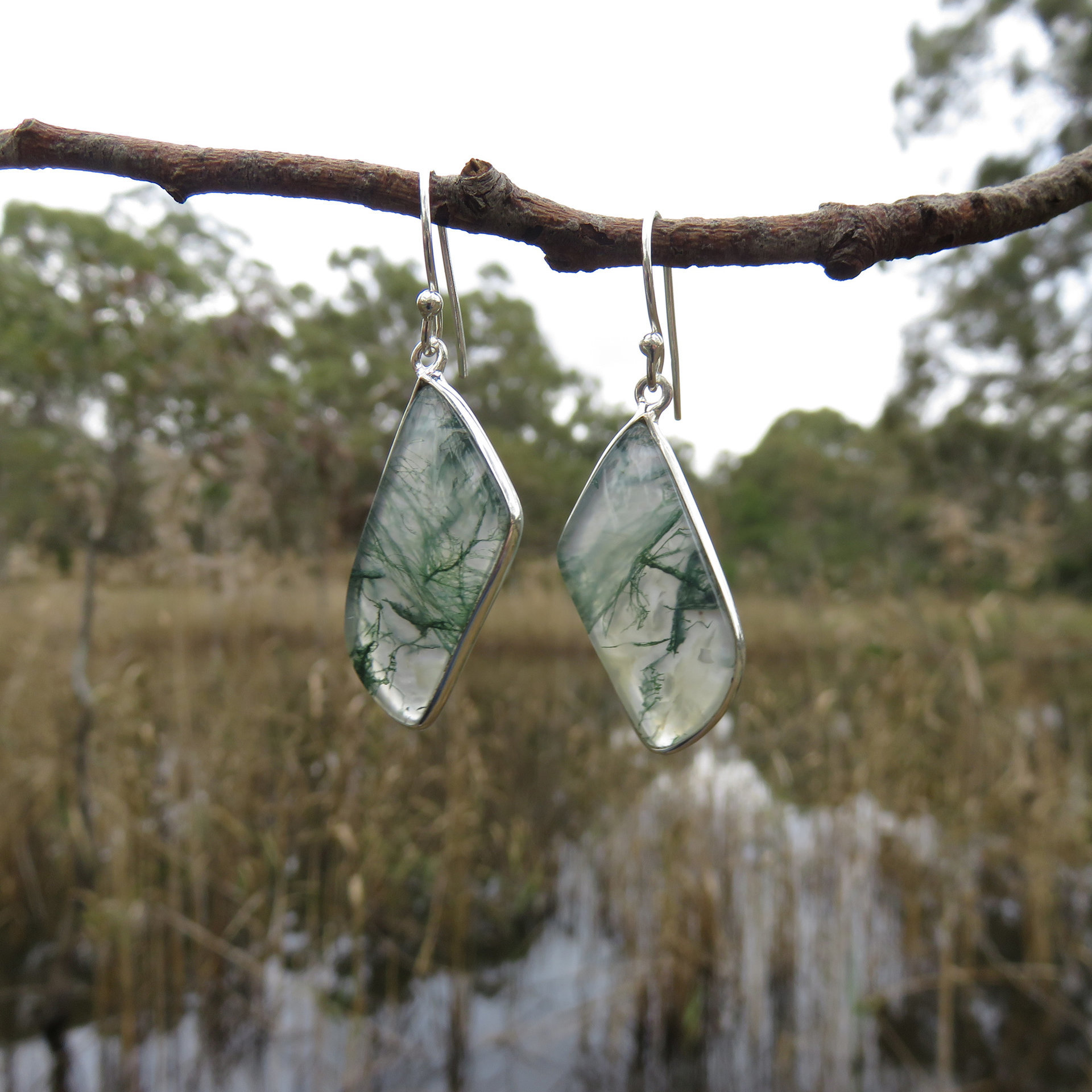 Moss Agate Earrings, Green Crystal Gemstone, 925 Sterling Silver