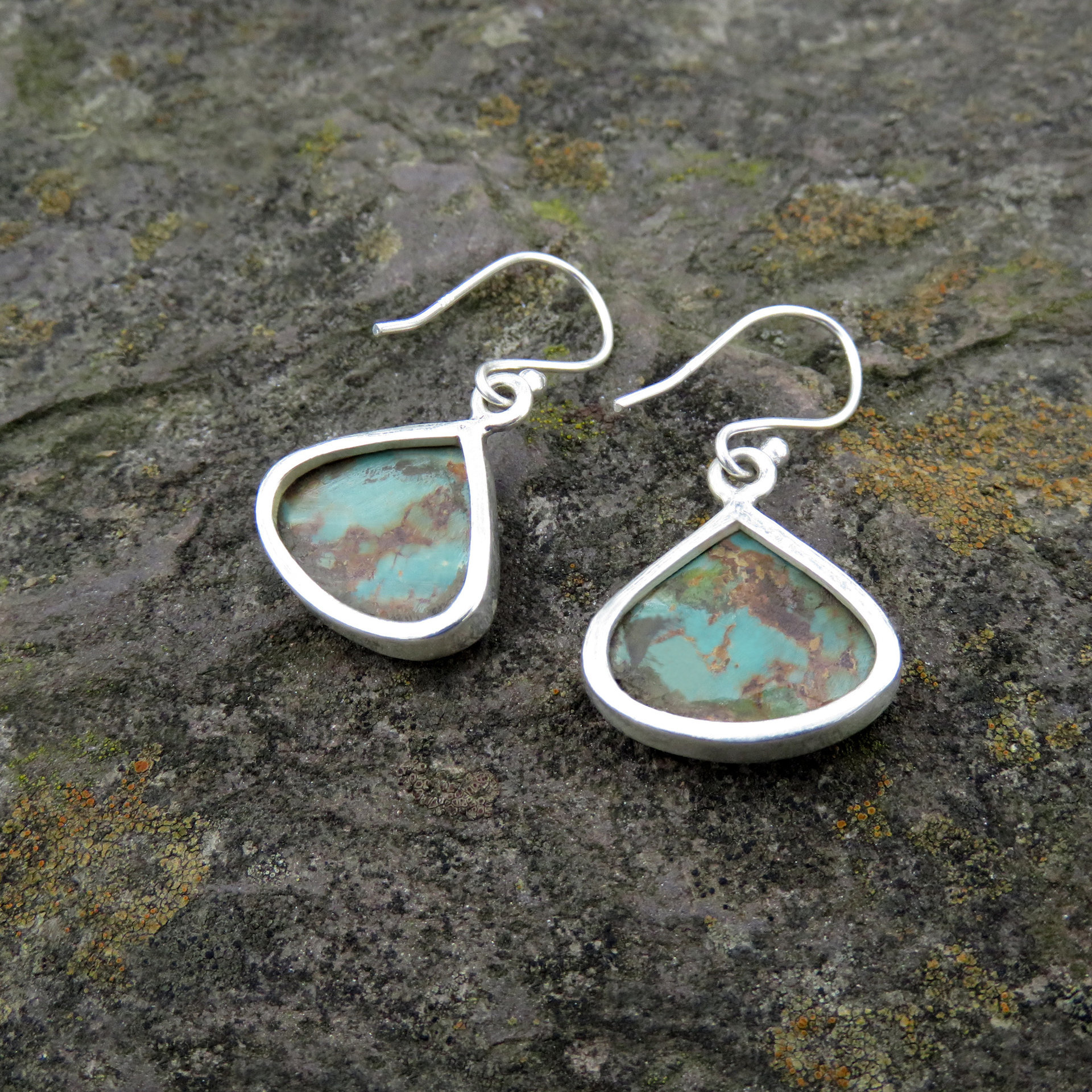 Turquoise Earrings, Tibetan Triangle Cabochon, 925 Sterling Silver