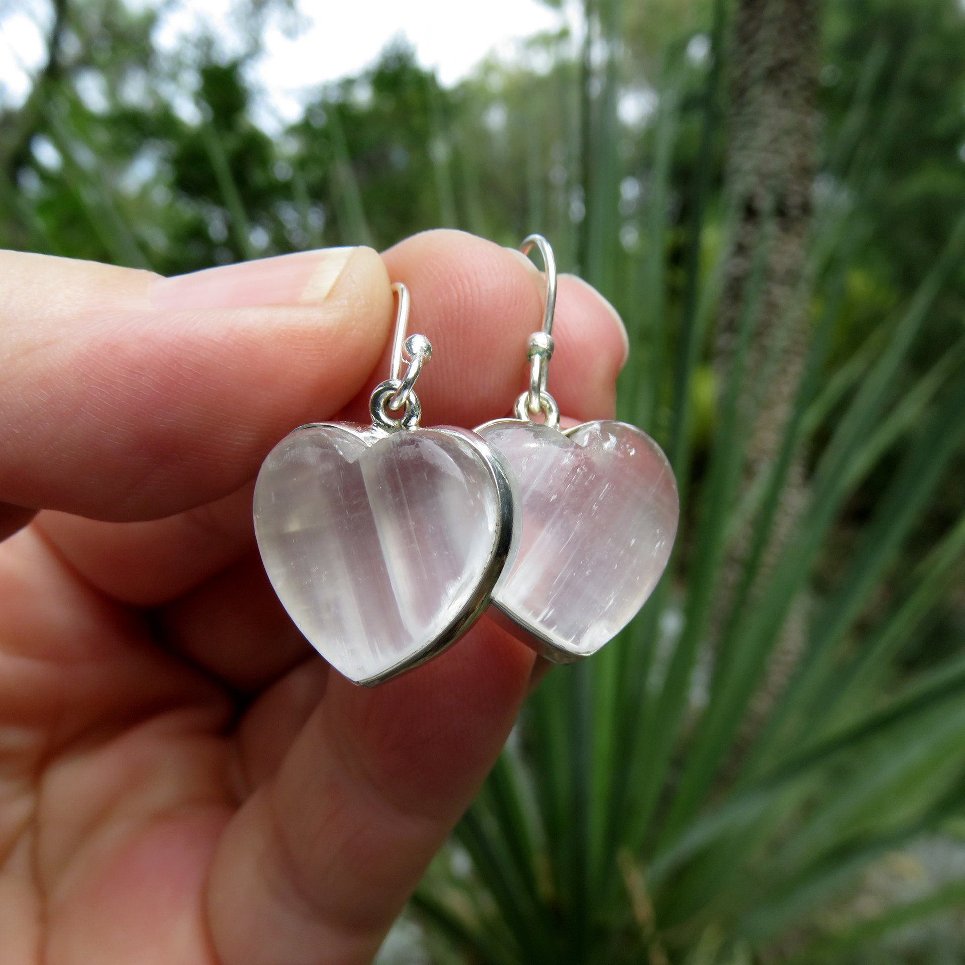 Heart Selenite Crystal Gemstone Earrings 925 Sterling Silver