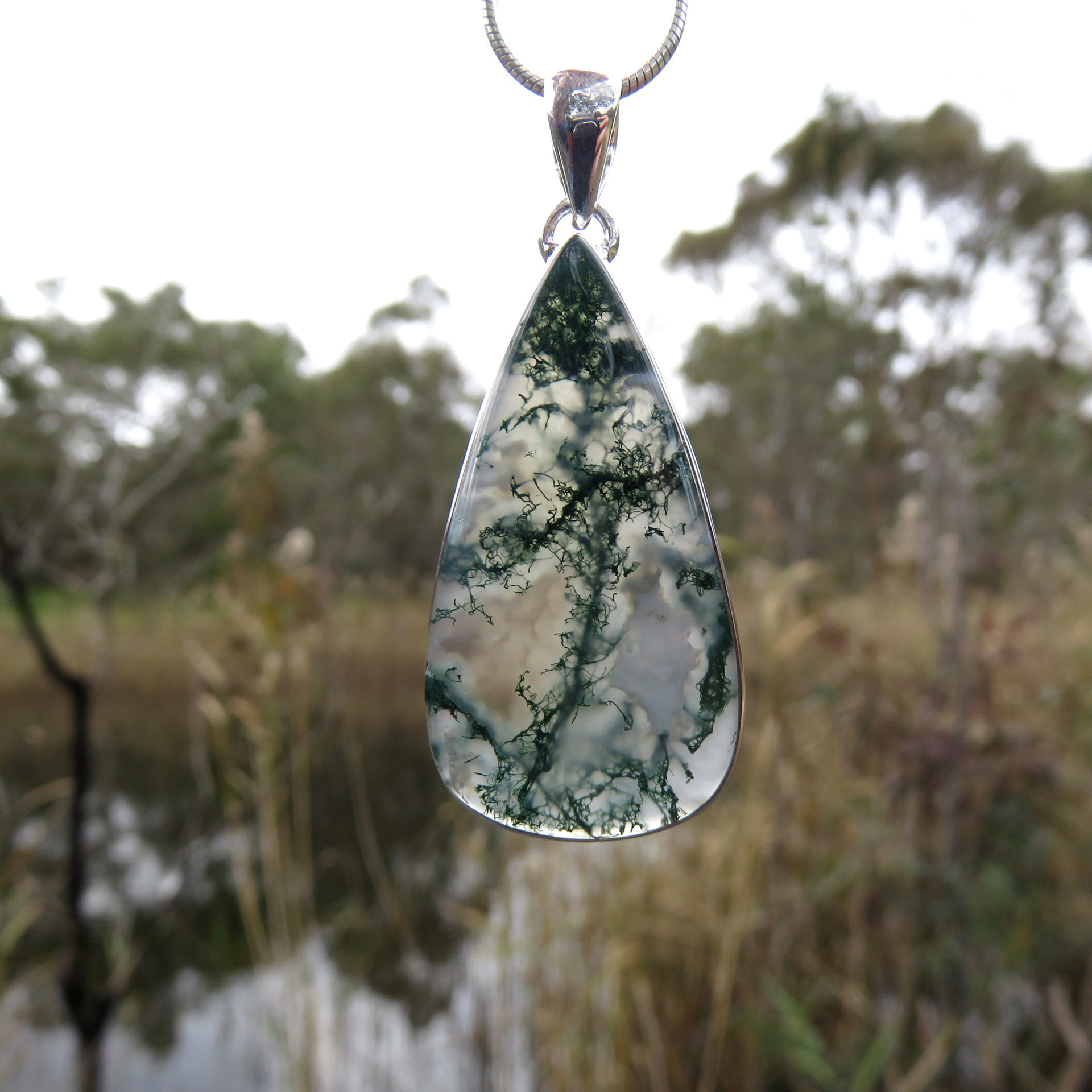 Moss Agate Pendant, Green Teardrop Gemstone, 925 Sterling Silver