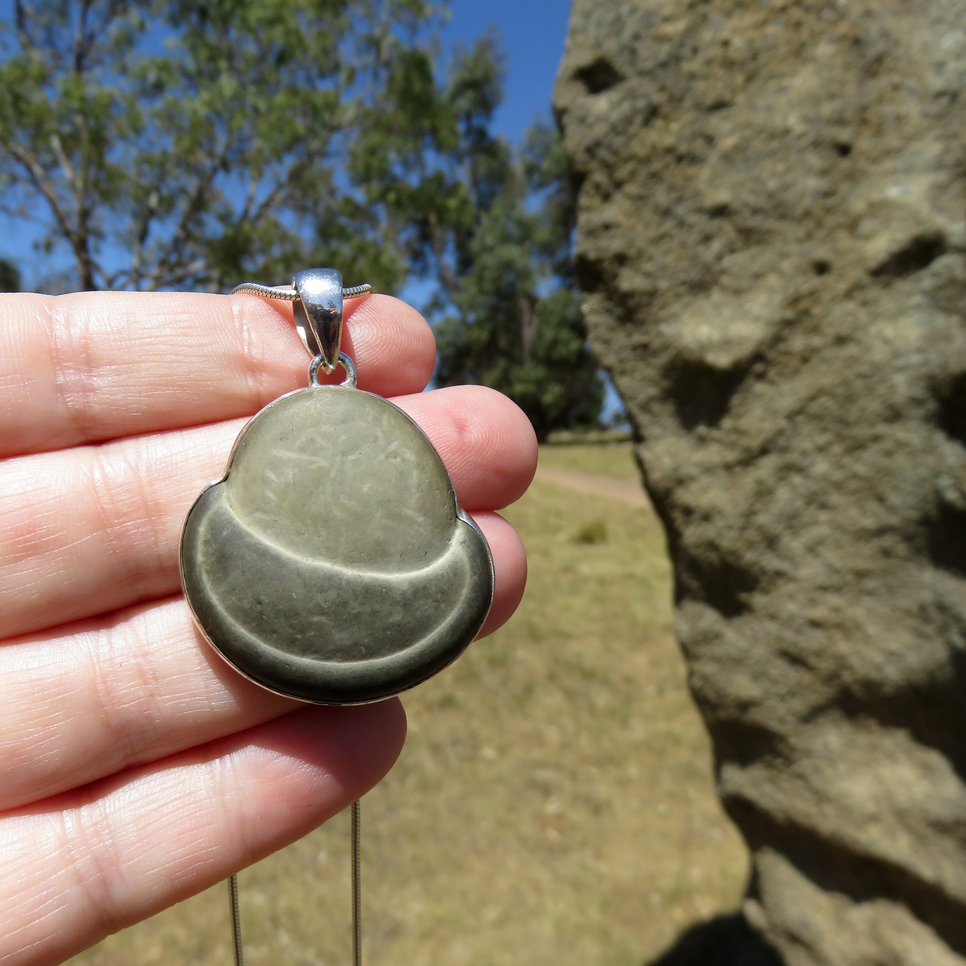 Fairy Stone Pendant, UFO Gemstone Cabochon, 925 Sterling Silver
