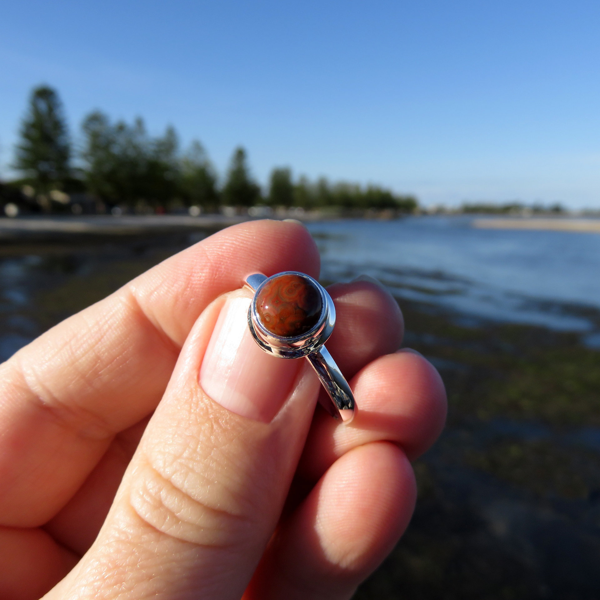 Ocean Jasper Ring Size 10, Brown Round Cabochon, 925 Sterling Silver 