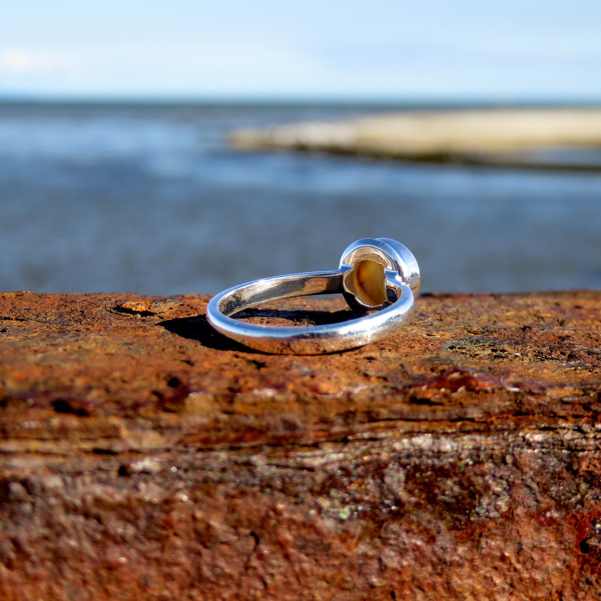 Ocean Jasper Ring Size 8, Cream Round Cabochon, 925 Sterling Silver