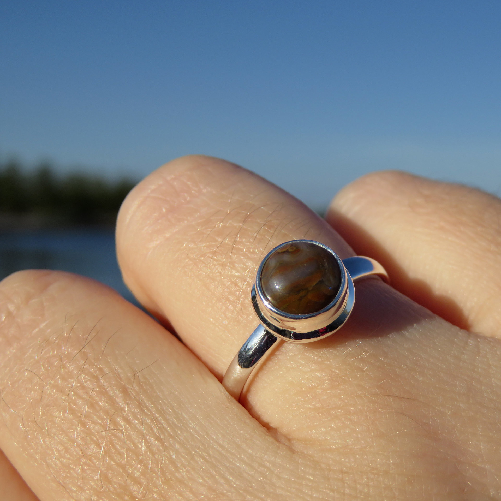 Ocean Jasper Ring Size 8, Small Brown Gemstone, 925 Sterling Silver