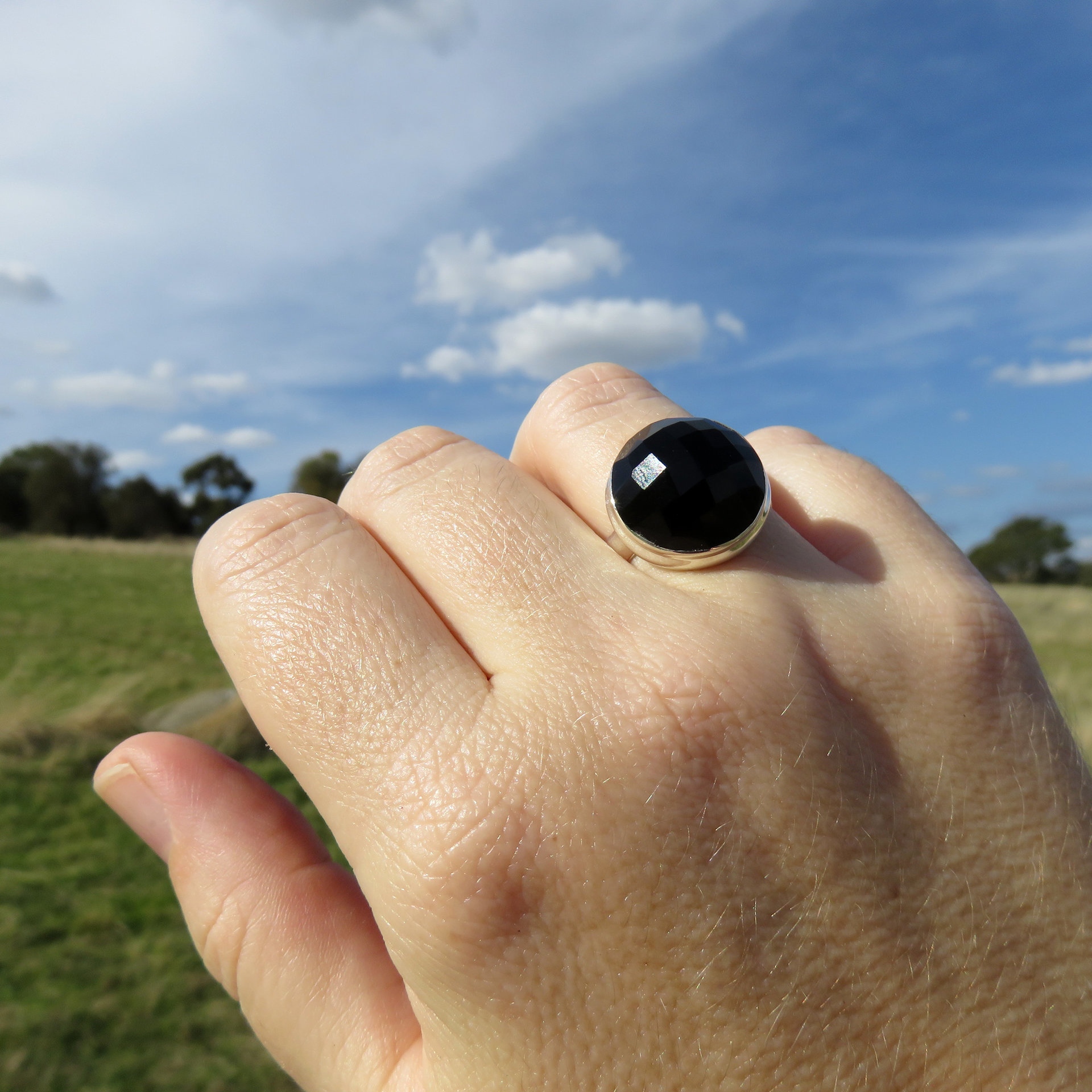 Onyx Ring Size 8.5, Faceted Black Gemstone, 925 Sterling Silver 