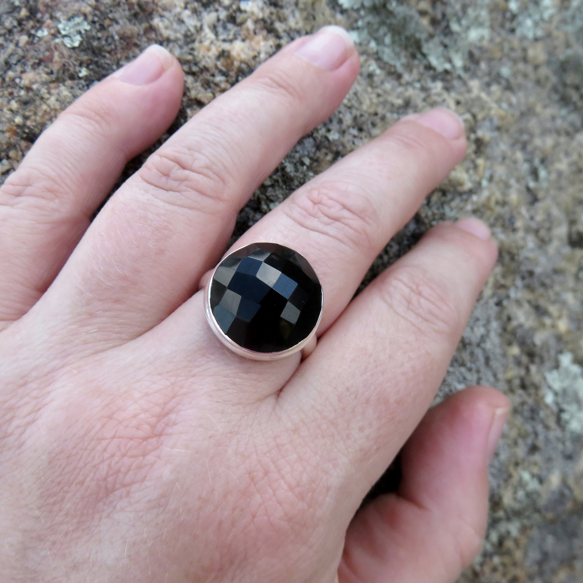 Onyx Ring Size 8.5, Faceted Black Gemstone, 925 Sterling Silver 