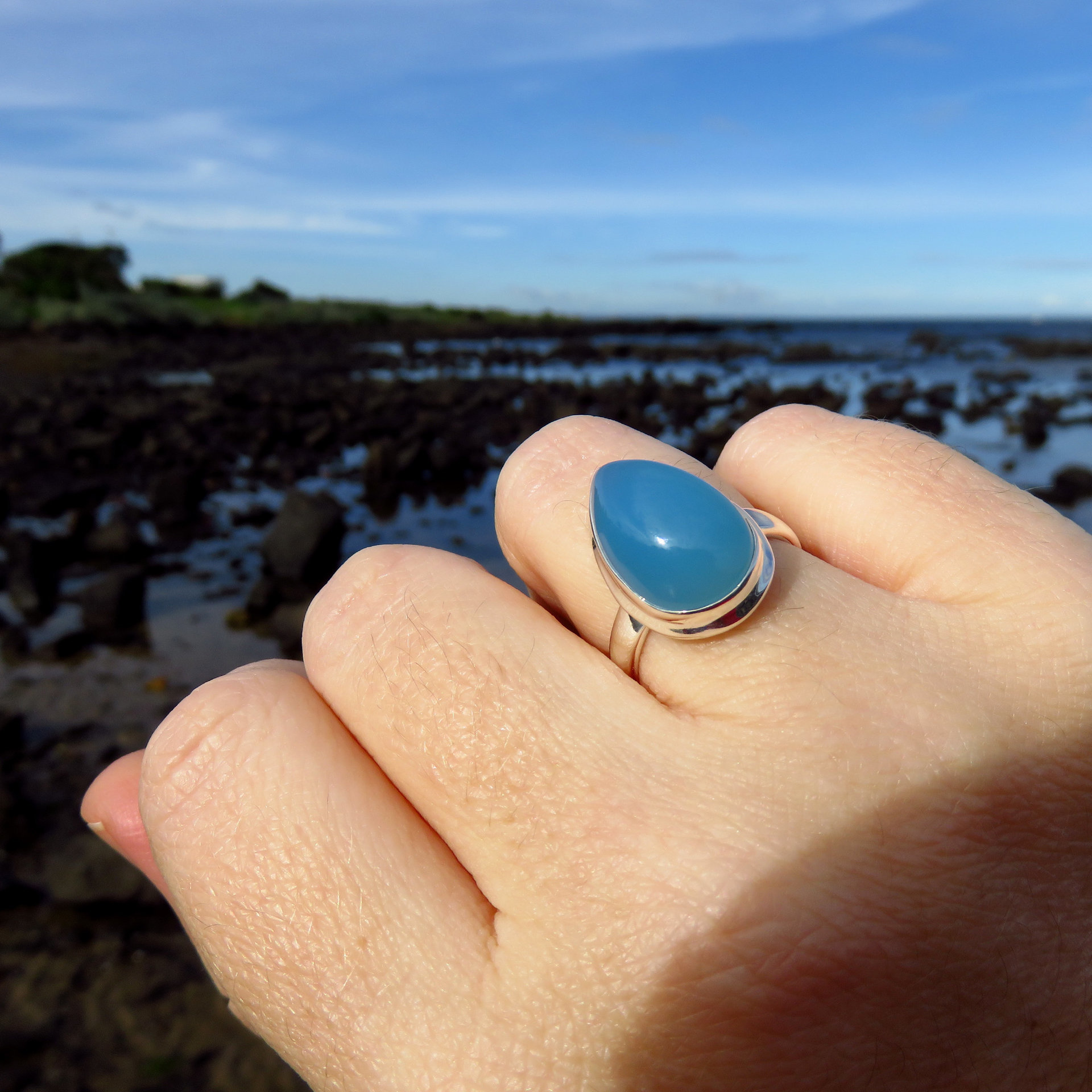 Chalcedony Ring Size 7, Blue Teardrop Gemstone, 925 Sterling Silver