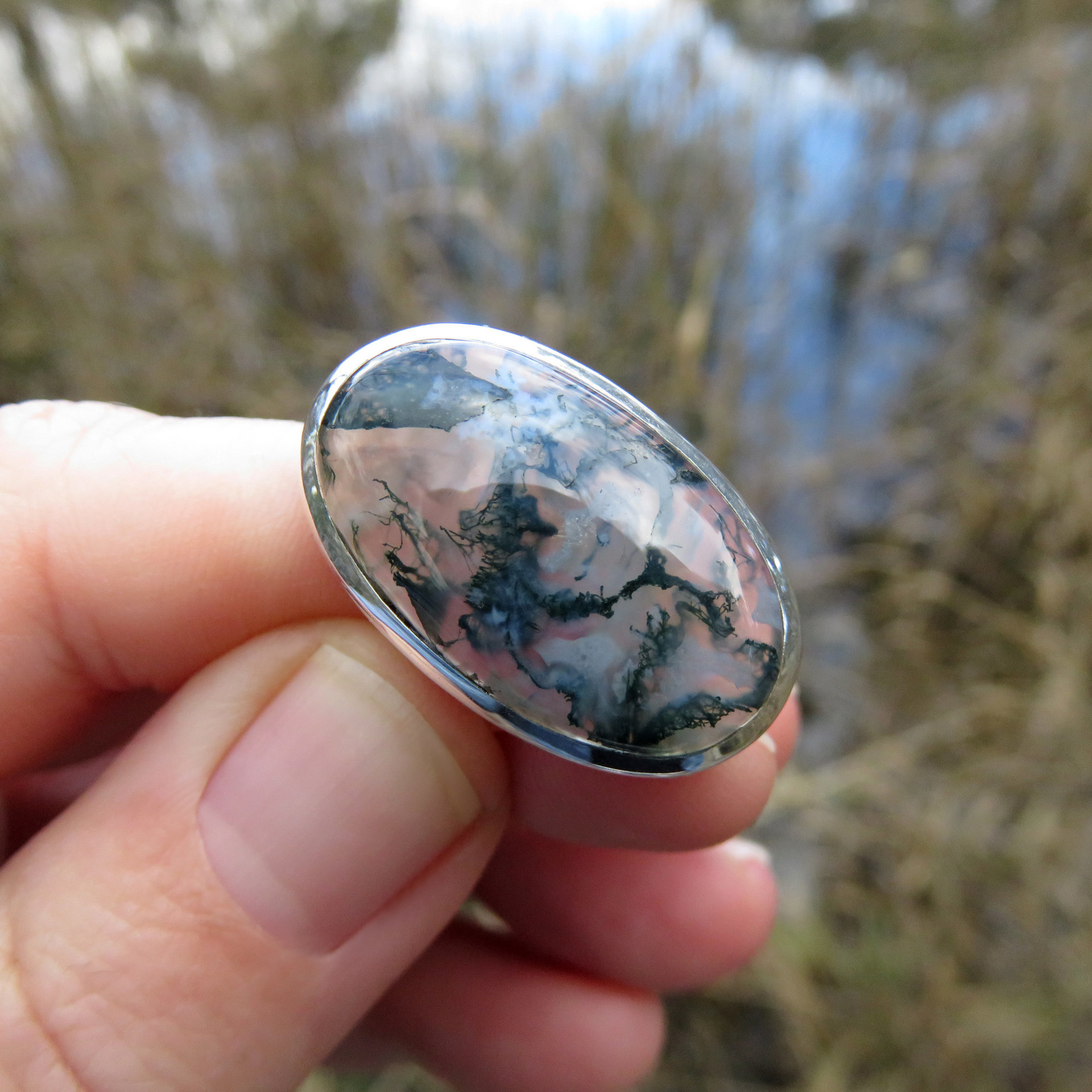 Moss Agate Ring Size 8, Oval Gemstone Cabochon, 925 Sterling Silver