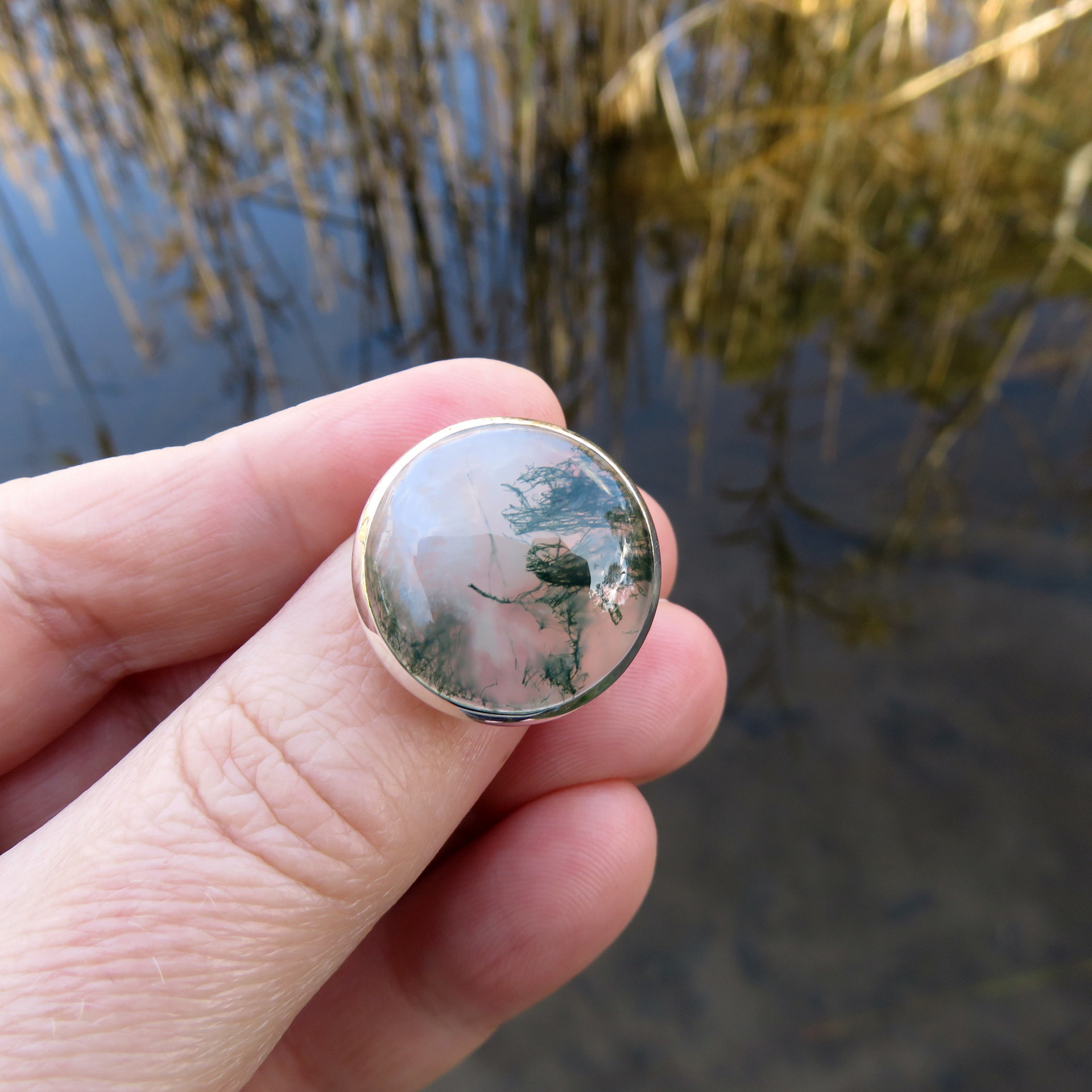 Moss Agate Ring Size 7, Round Cabochon, 925 Sterling Silver 