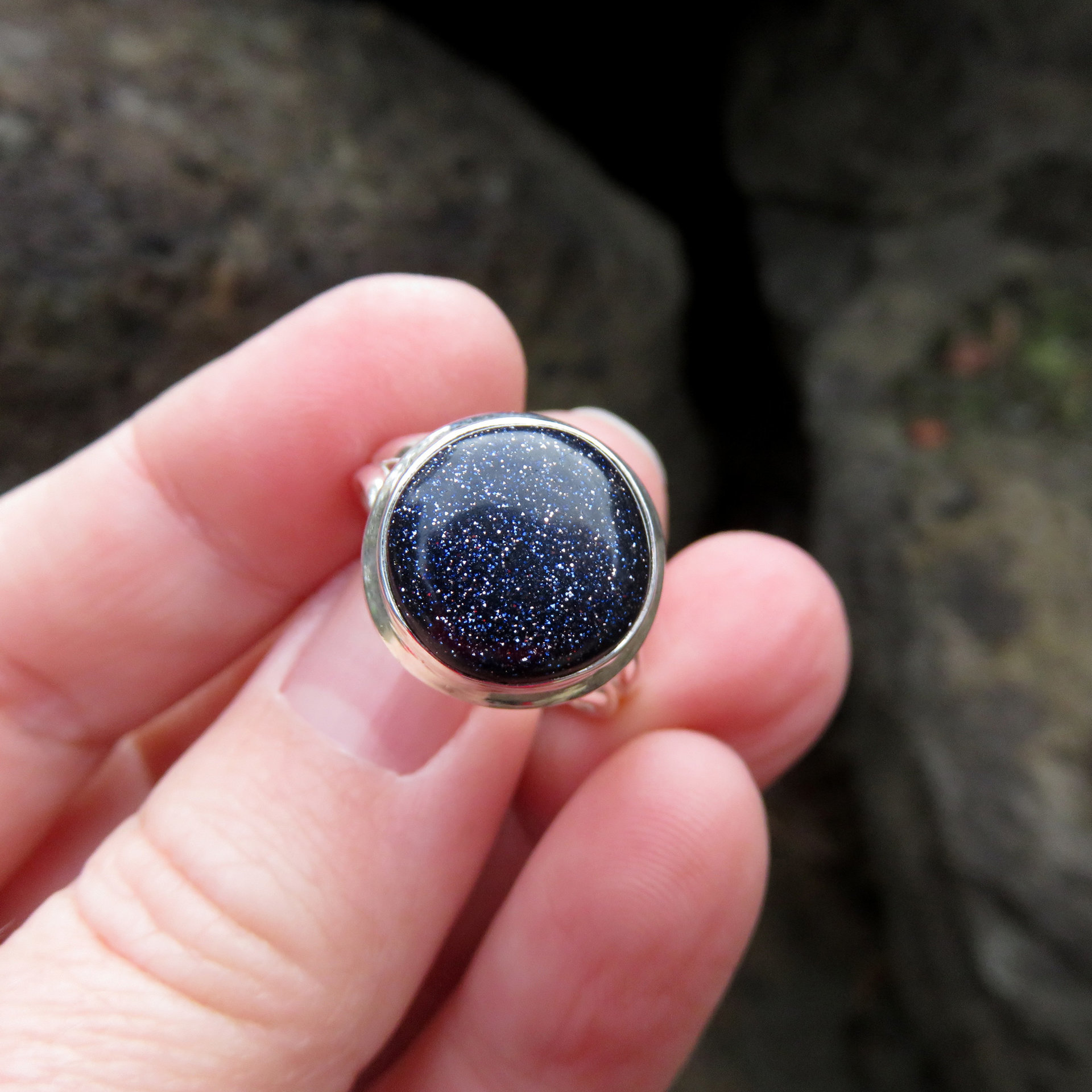 Sunstone Ring Size 9, Blue Round Cabochon, 925 Sterling Silver