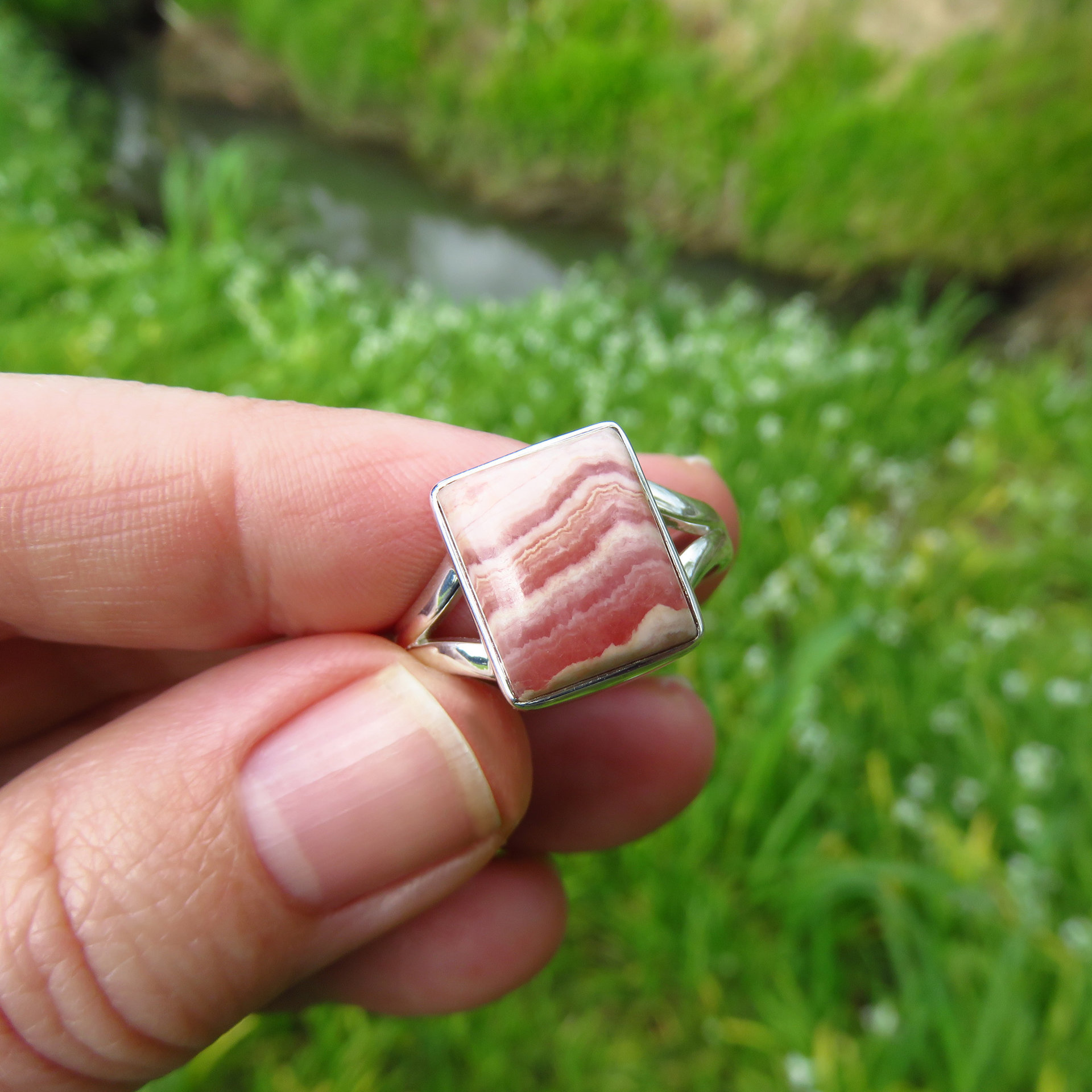 Rhodochrosite Ring Size 9, Rectangle Cabochon, 925 Sterling Silver 