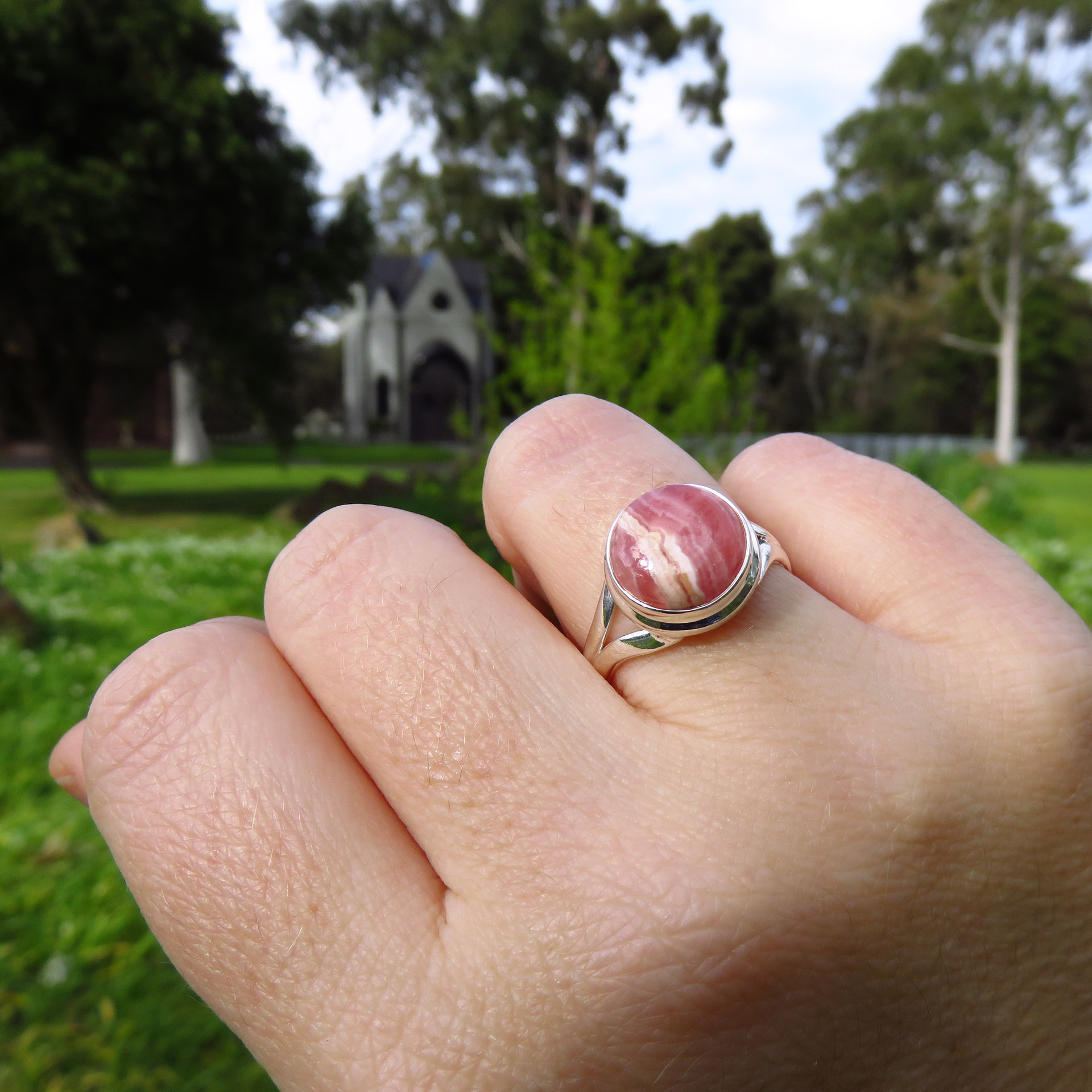 Rhodochrosite Ring Size 8, Round Cabochon, 925 Sterling Silver 