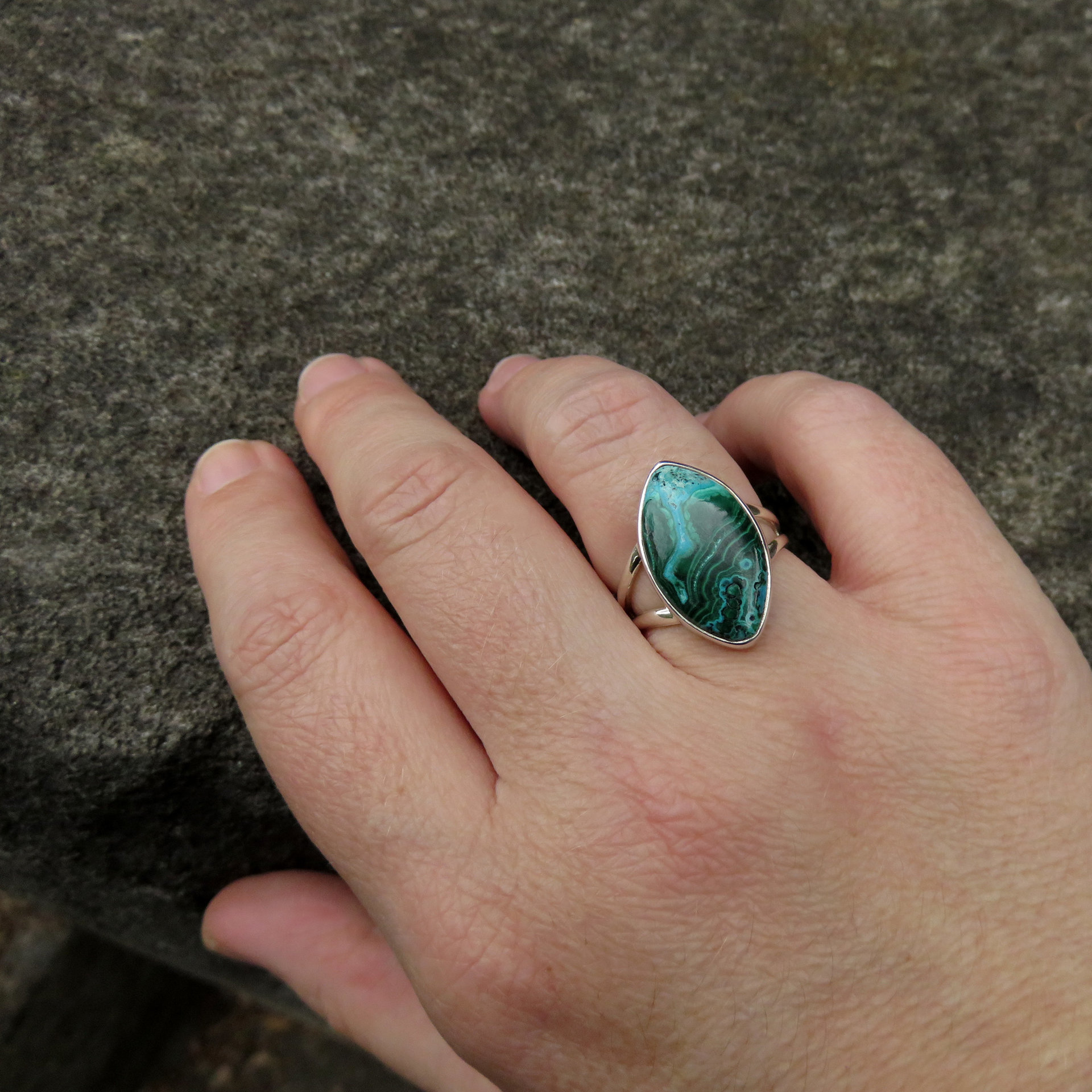Malachite Chrysocolla Ring Size 7, Marquise Gemstone, 925 Sterling Silver 