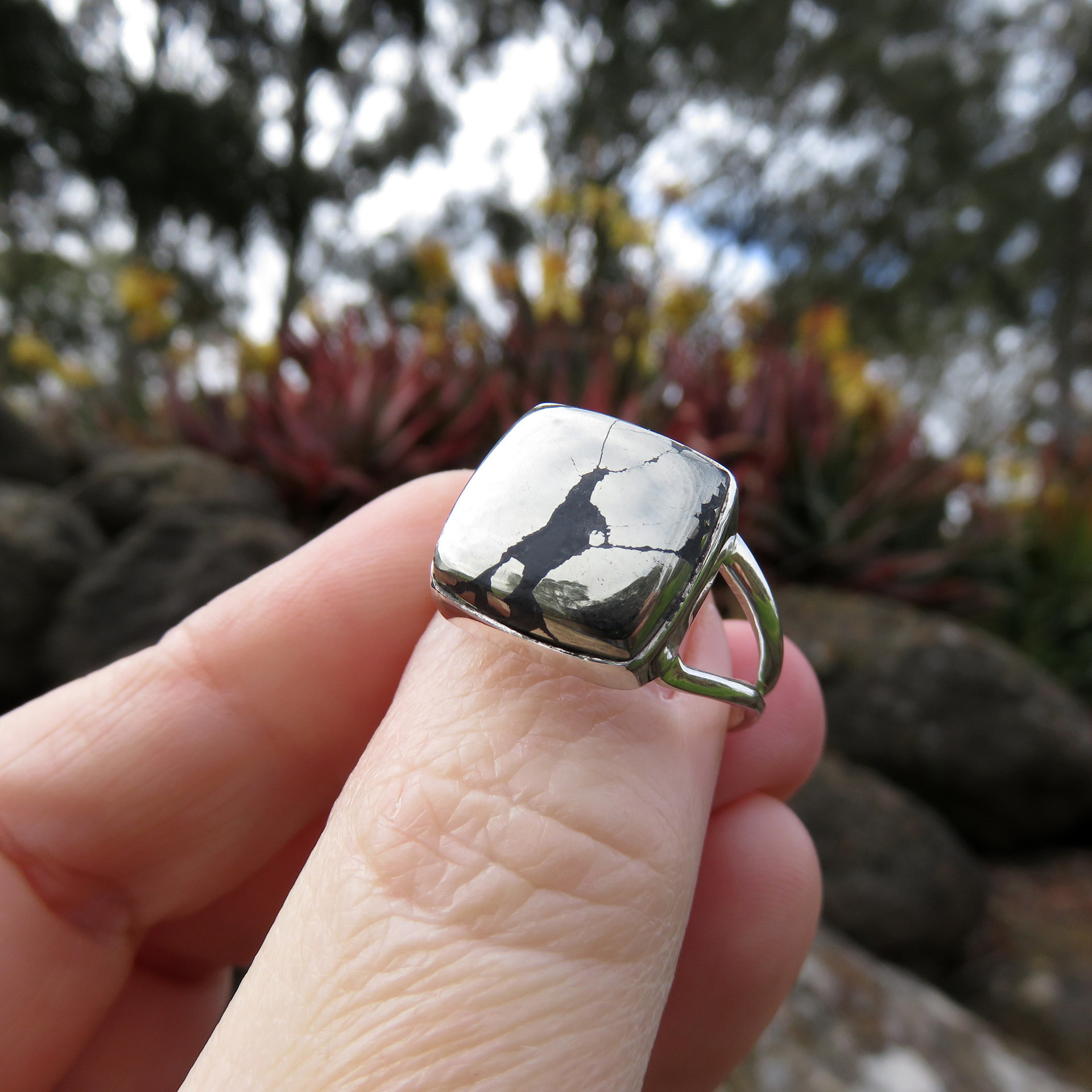 Apache Healers Gold Ring Size 9, Pyrite Square Cabochon, 925 Sterling Silver