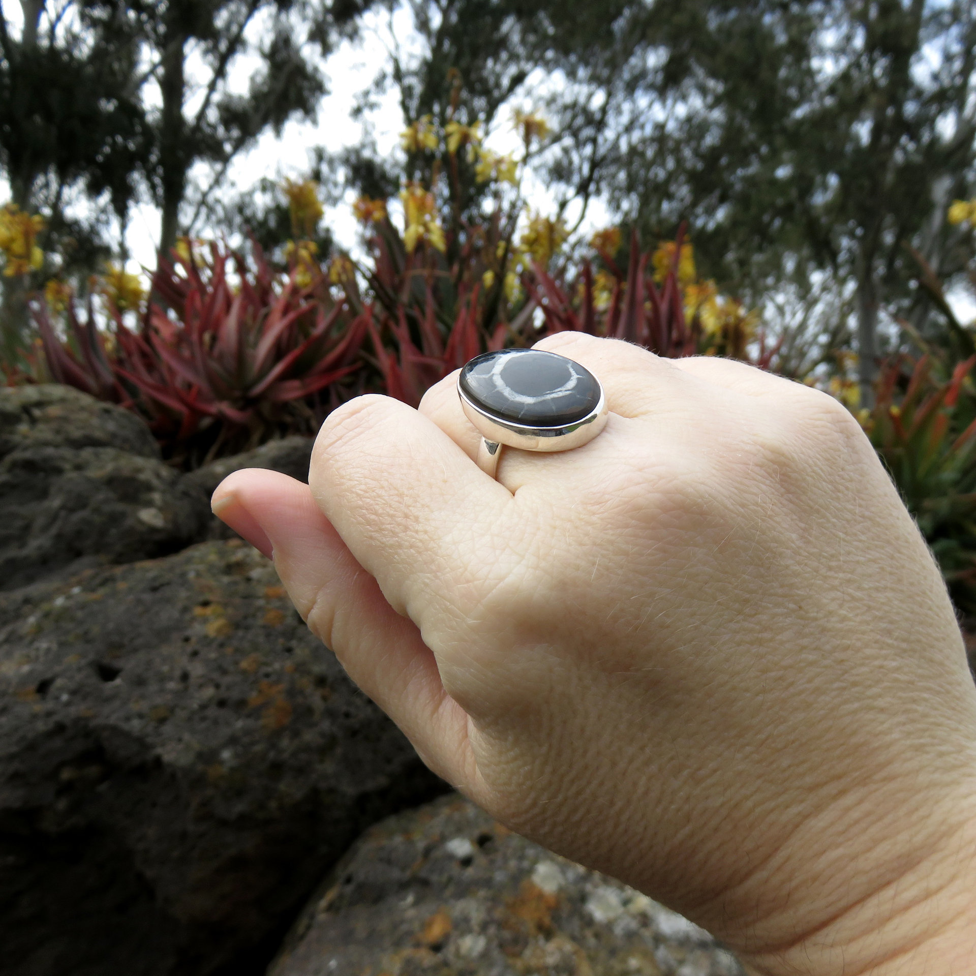 Septarian Ring Size 8.5, Dragonstone Fossil Cabochon, 925 Sterling Silver