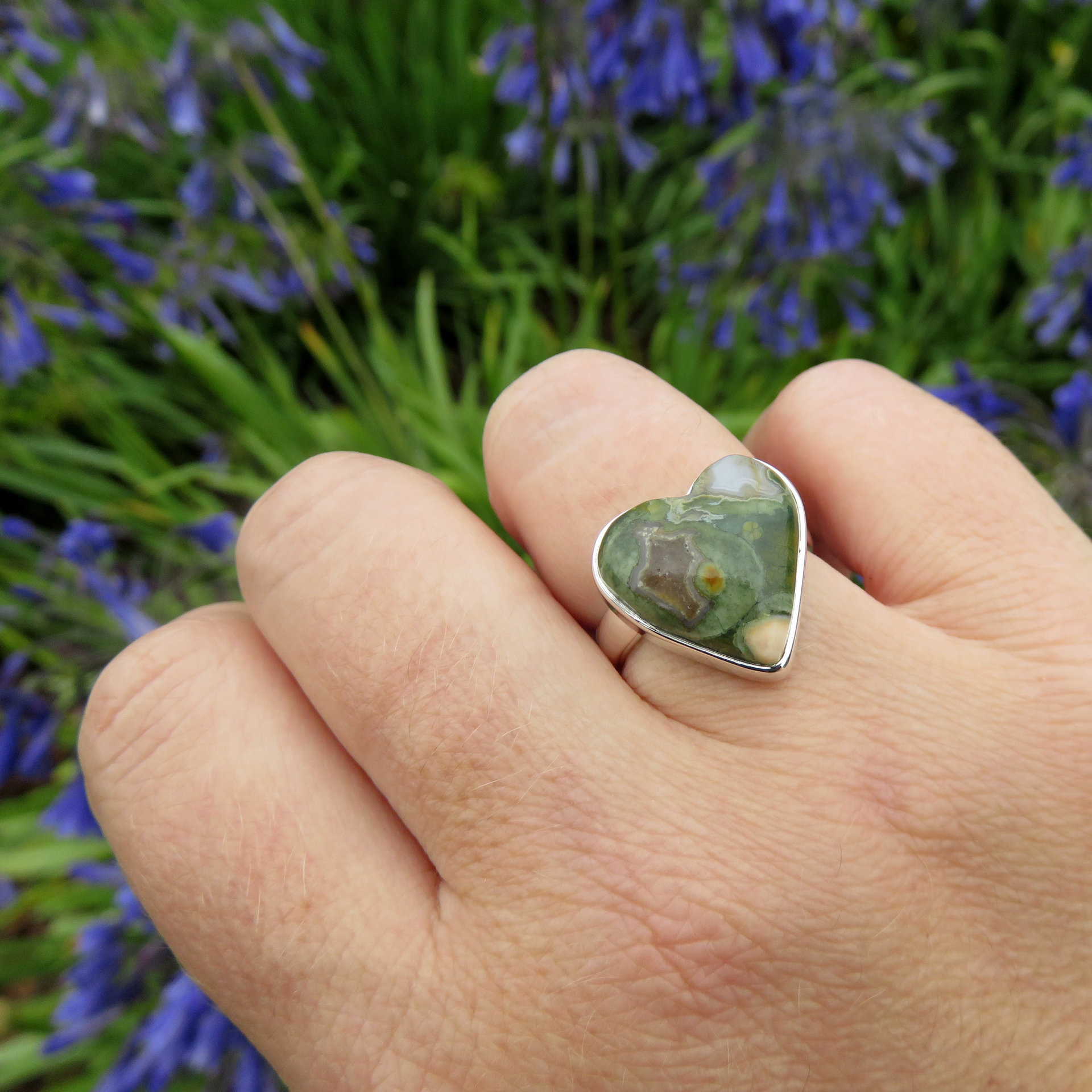 Rhyolite Gemstone Ring Size 6.5, Heart Cabochon, 925 Sterling Silver