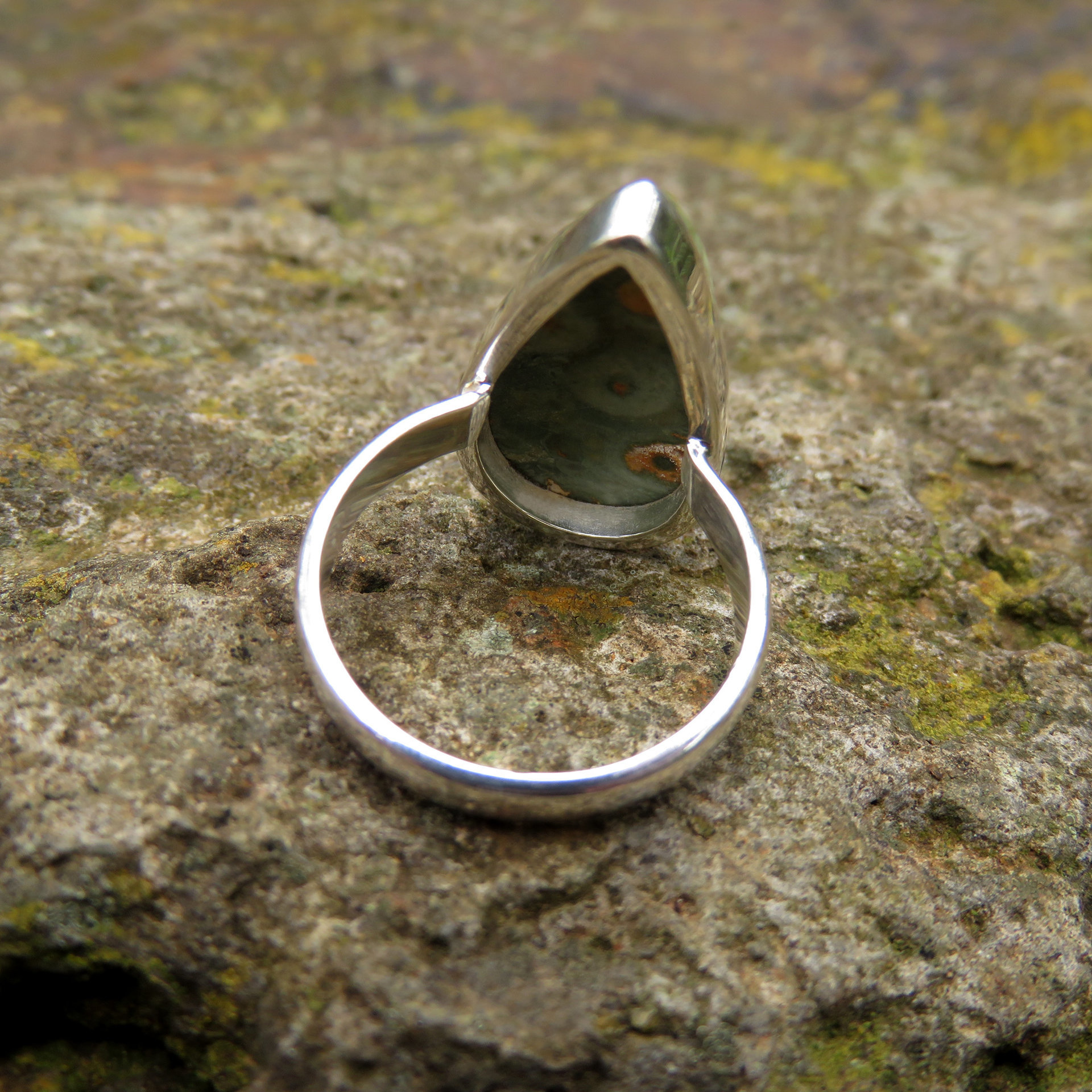 Rhyolite Ring Size 7.5, Green Crystal Teardrop Cabochon, 925 Sterling Silver