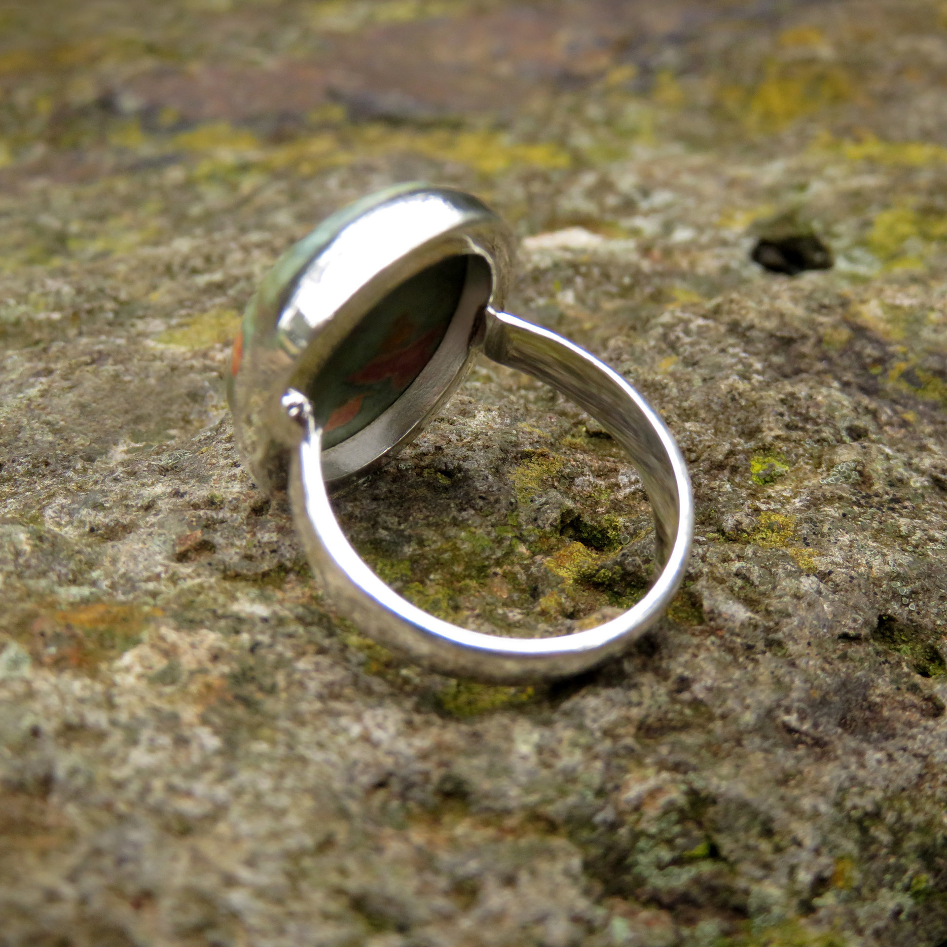 Rhyolite Ring Size 8, Green Oval Jasper Cabochon, 925 Sterling Silver