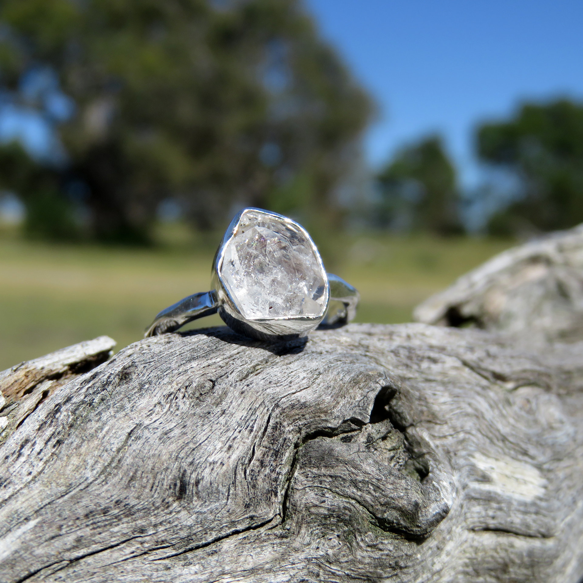 Herkimer Diamond Ring Size 7 O 55 Hammered 925 Sterling Silver
