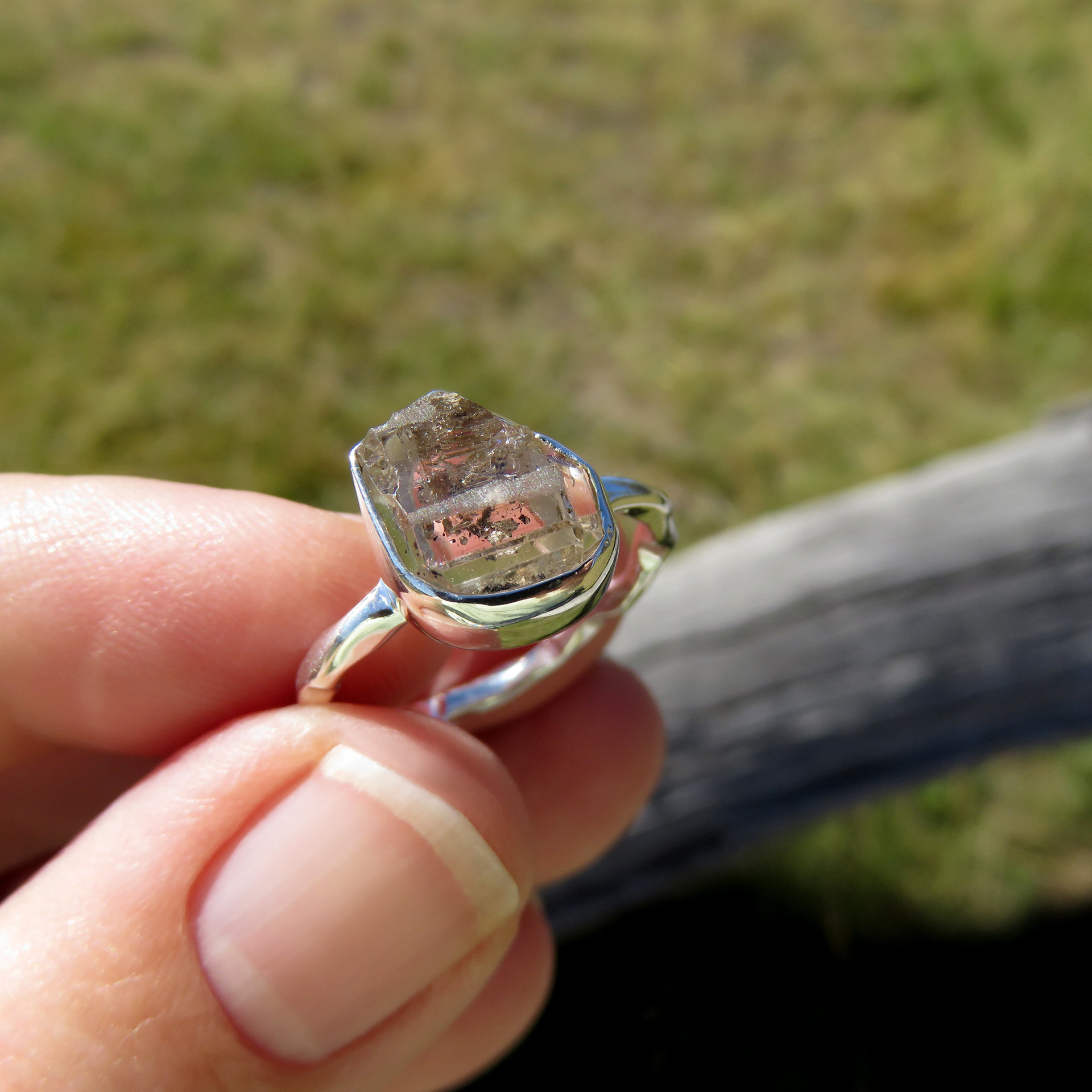 Herkimer Diamond Ring Size 8 Q 57 Hammered 925 Sterling Silver