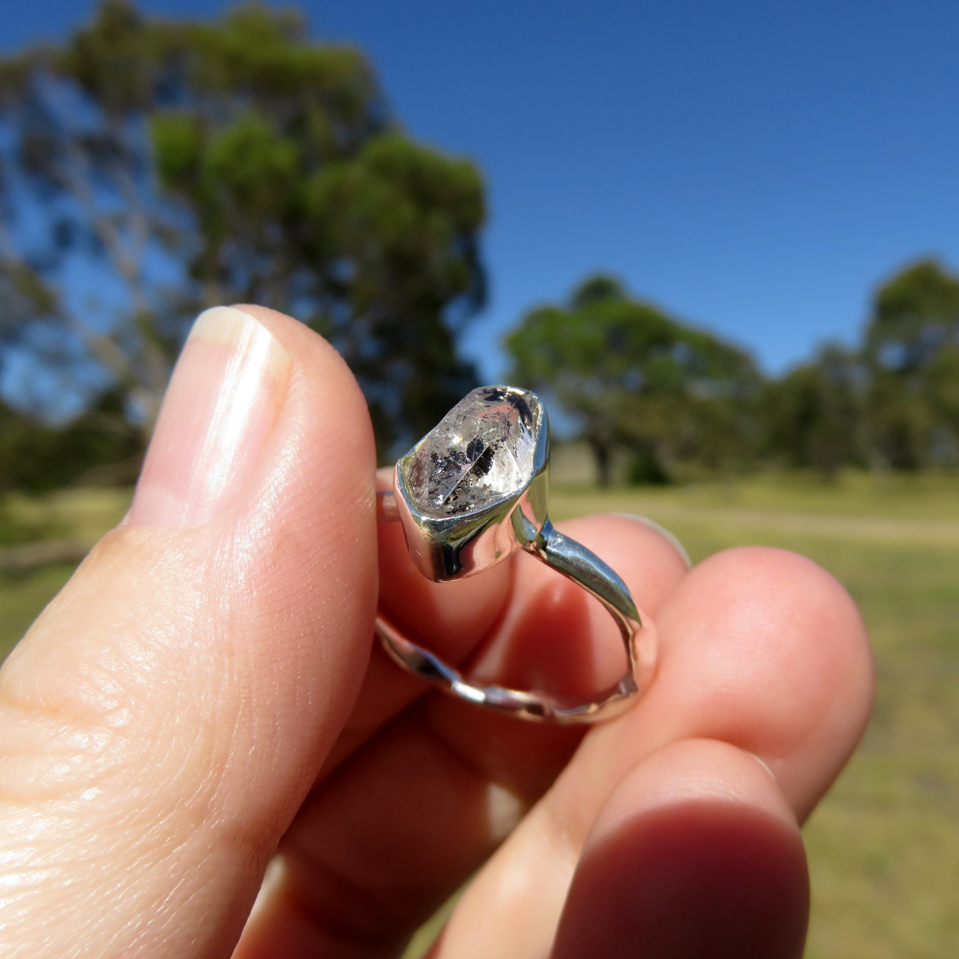 Herkimer Diamond Ring Size 9 S 60 Hammered 925 Sterling Silver