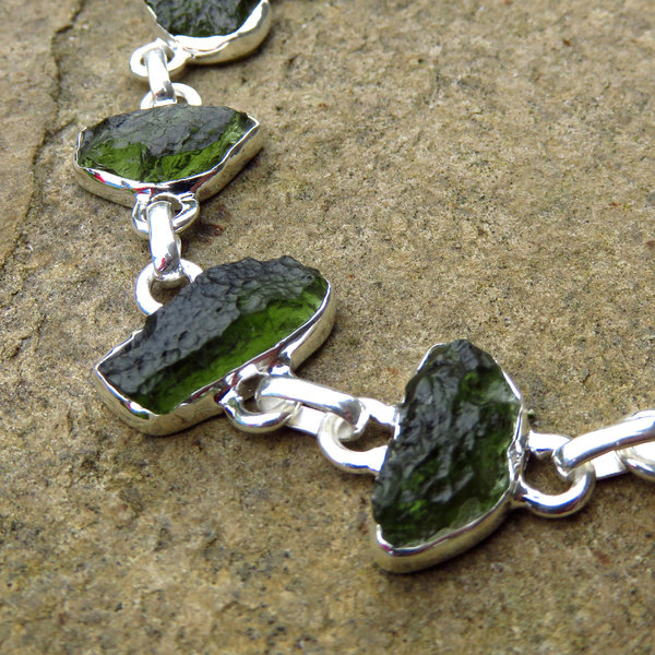 Moldavite Gemstone Bracelet, Green, Adjustable, 925 Sterling Silver 