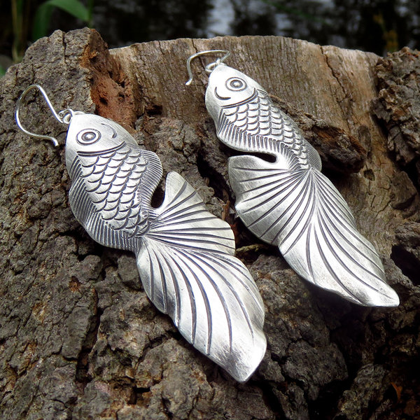 Koi Fish Earrings, Large Brushed Dangles, 925 Sterling Silver