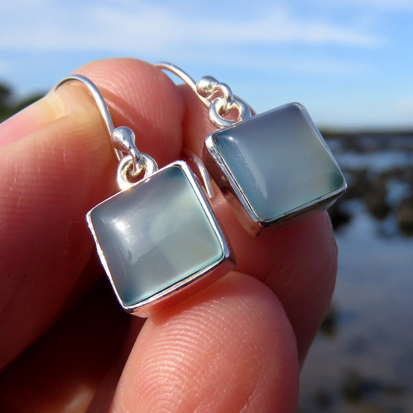 Chalcedony Earrings, Aqua Square Cabochon, 925 Sterling Silver