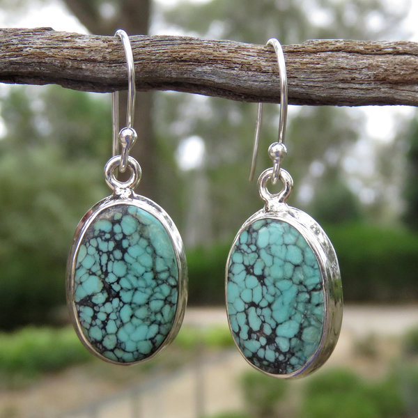 Turquoise Earrings, Tibetan Oyster Oval Cabochon, 925 Sterling Silver