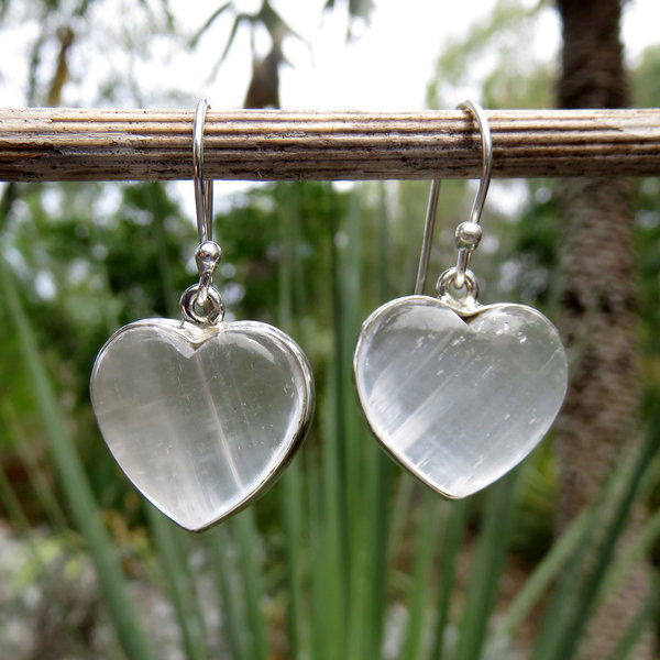 Heart Selenite Crystal Gemstone Earrings 925 Sterling Silver