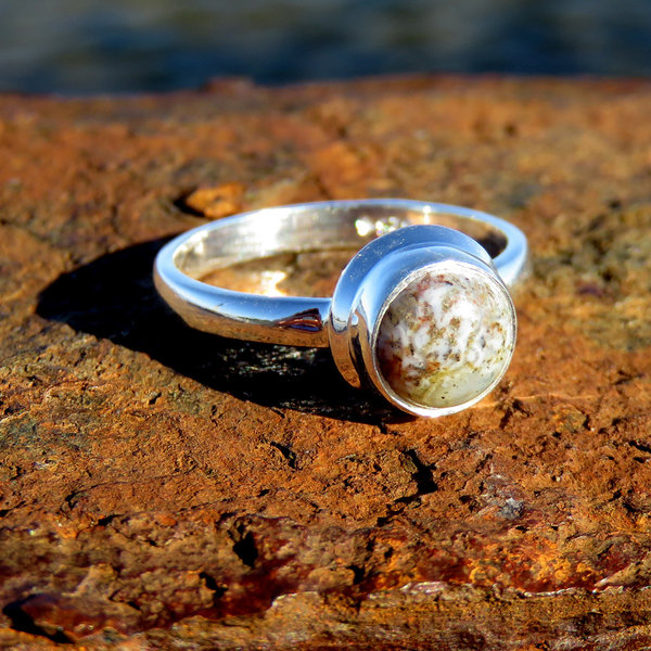 Ocean Jasper Ring Size 7, Grey Round Cabochon, 925 Sterling Silver